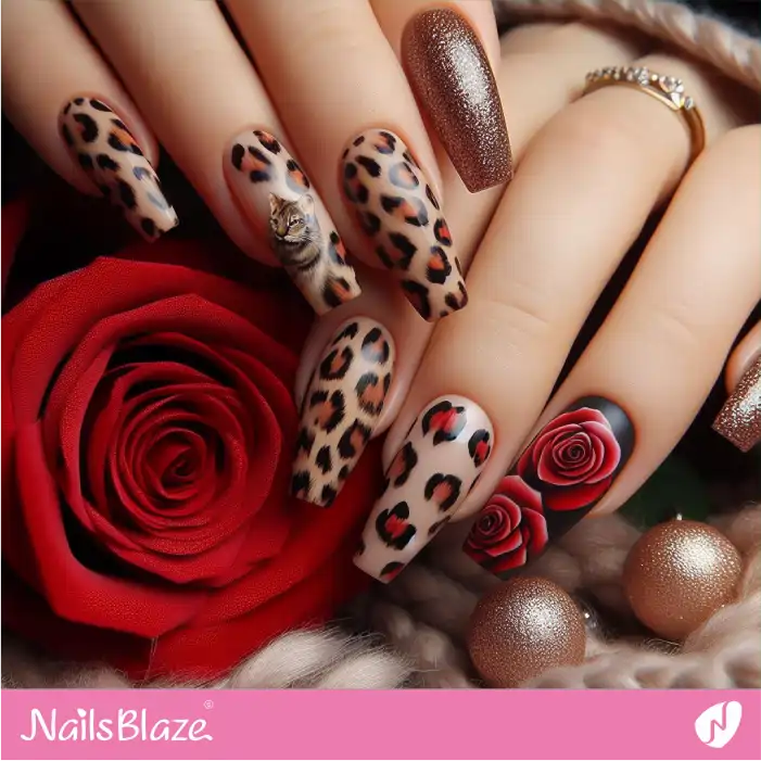 Leopard Print Nails with Roses Accent Nail Design | Animal Print Nails - NB2526